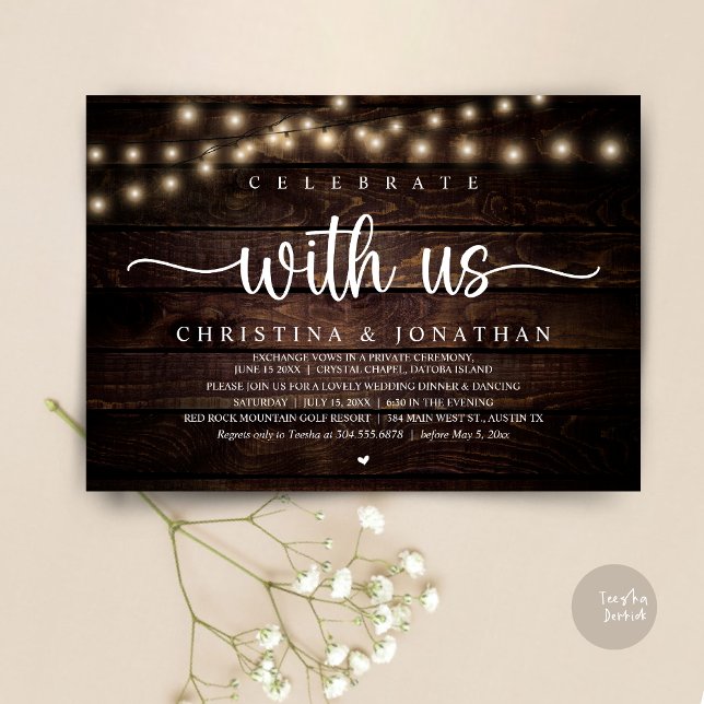Invitation Célébrez avec nous, Rustic Mariage Dinner Elopemen (Celebrate with us, Rustic Wedding Dinner Elopement Invitation card, pdf, in cottage dark wood)