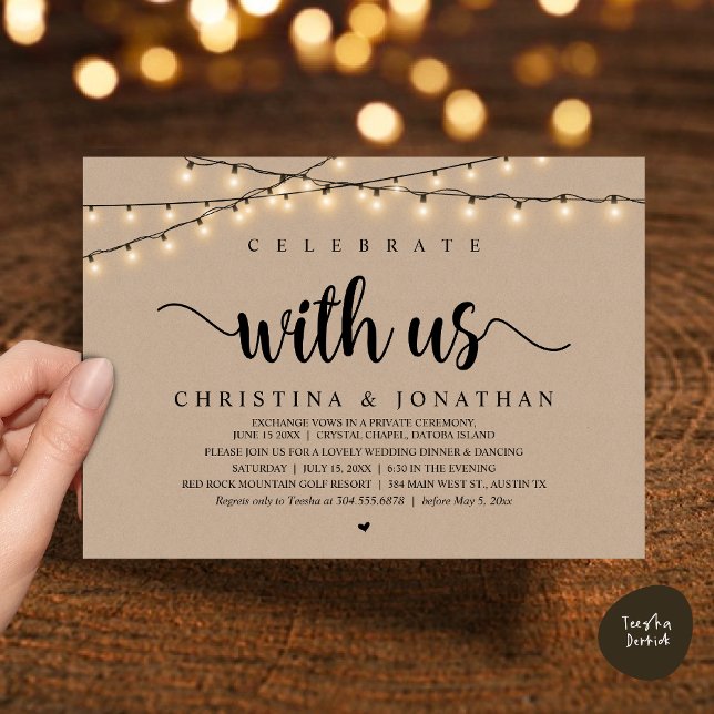 Invitation Célébrez avec nous, Rustic Mariage Dinner Elopemen (Celebrate with us, Rustic Wedding Dinner Elopement Invitation Card, PDF, String Lights Brown Kraft)