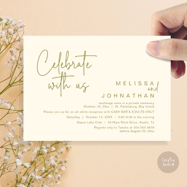 Invitation Célébrez avec nous, Wedding Réception Cash Bar (Celebrate with us, Wedding Reception Dinner Cash Bar Adults Only Invitation Card PDF in Yellow Gold)