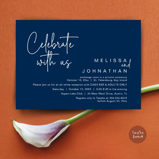 Invitation Célébrez avec nous, Wedding Réception Cash Bar (Celebrate with us, Wedding Reception Dinner Cash Bar Adults Only Invitation Card PDF in Navy Blue)
