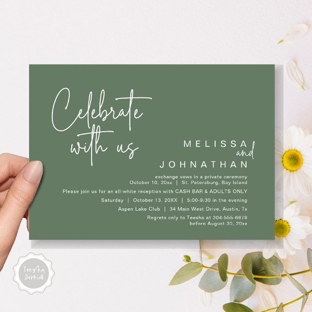 Invitation Célébrez avec nous, Wedding Réception Cash Bar (Celebrate with us, Wedding Reception Dinner Cash Bar Adults Only Invitation Card PDF in Sage Green)