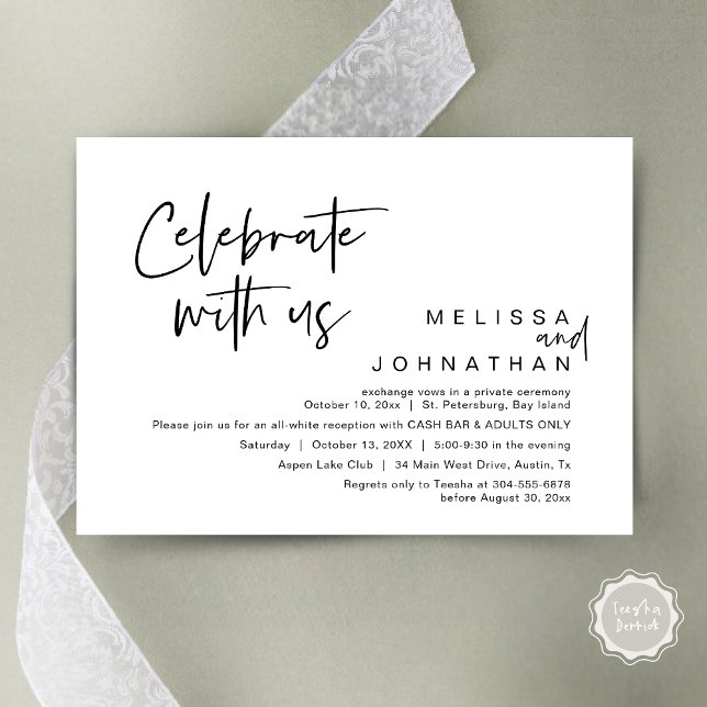Invitation Célébrez avec nous, Wedding Réception Cash Bar (Celebrate with us, Wedding Reception Dinner Cash Bar Adults Only Invitation Card PDF in White Black)