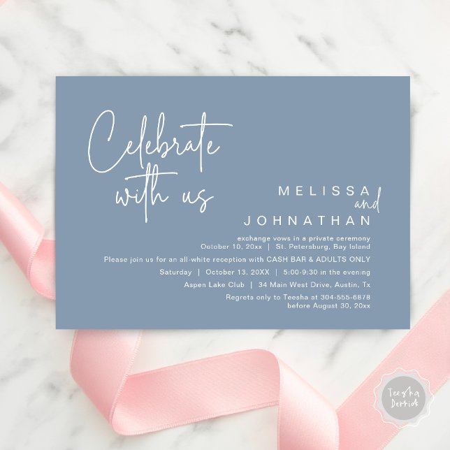 Invitation Célébrez avec nous, Wedding Réception Cash Bar (Celebrate with us, Wedding Reception Dinner Cash Bar Adults Only Invitation Card PDF in Dusty Blue)