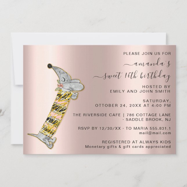 Invitation Célébrez dans le style avec Rose Cute Dog Sweet 16 (Devant)