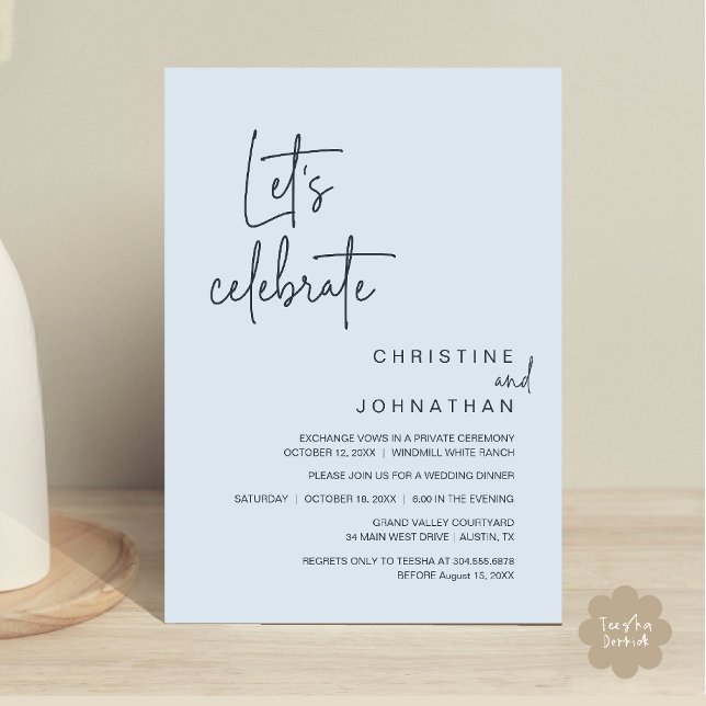 Invitation Célébrons, dîner de fête de mariage en fuite (Let's Celebrate, Classy Minimal Wedding Elopement Party Dinner Invitation Card in Misty Blue)