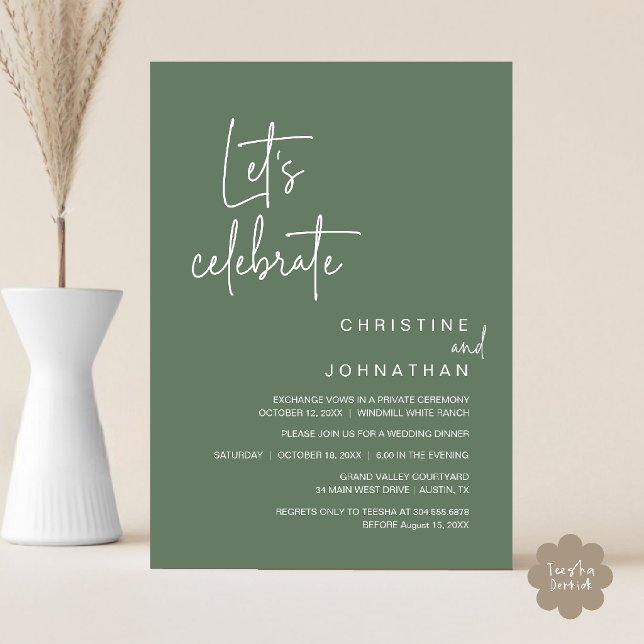 Invitation Célébrons, dîner de fête de mariage en fuite (Let's Celebrate, Classy Minimal Wedding Elopement Party Dinner Invitation Card in Sage Green)