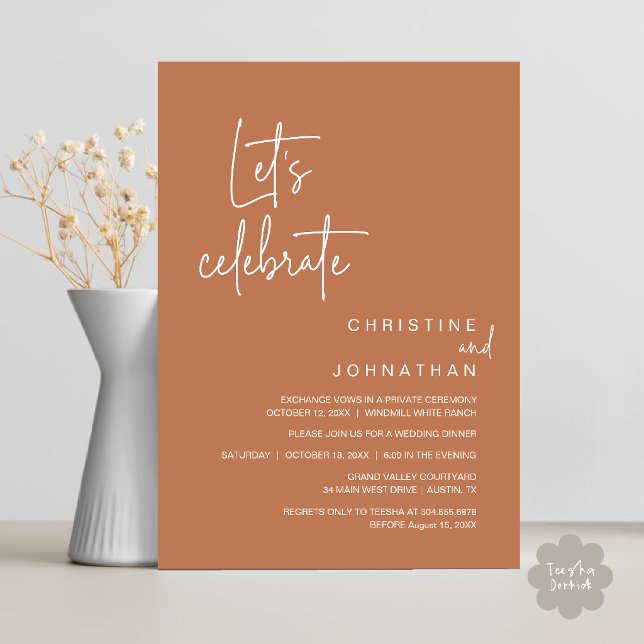 Invitation Célébrons, dîner de fête de mariage en fuite (Let's Celebrate, Classy Minimal Wedding Elopement Party Dinner Invitation Card in Copper Brown)