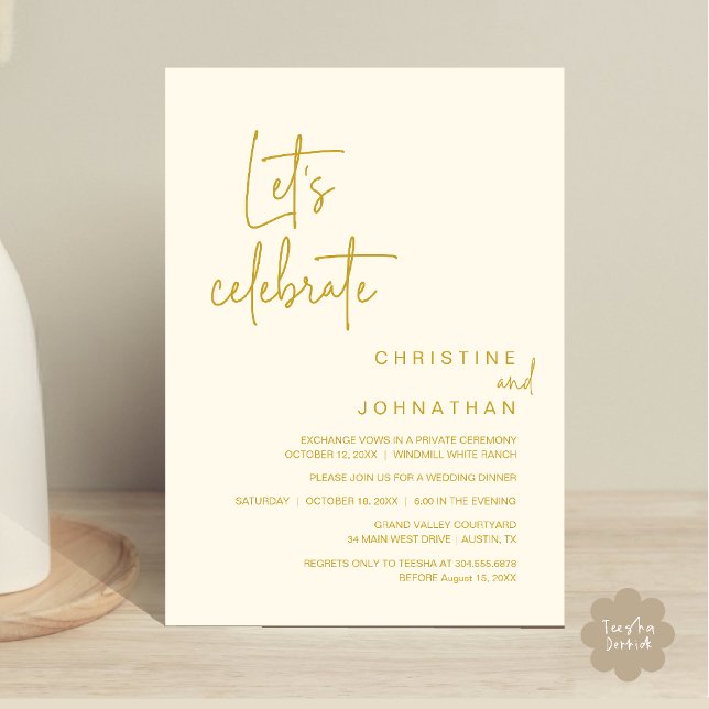 Invitation Célébrons, dîner de fête de mariage en fuite (Let's Celebrate, Classy Minimal Wedding Elopement Party Dinner Invitation Card in Yellow Gold Cream)