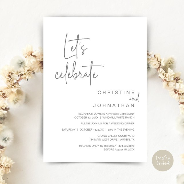 Invitation Célébrons, dîner de fête de mariage en fuite (Let's Celebrate, Classy Minimal Wedding Elopement Party Dinner Invitation Card in Dark grey)