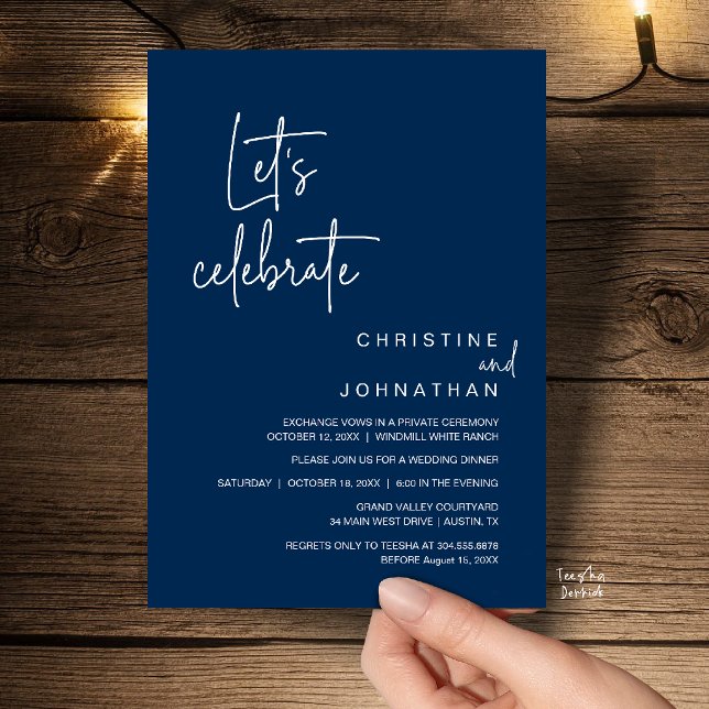 Invitation Célébrons, dîner de fête de mariage en fuite (Let's Celebrate, Classy Minimal Wedding Elopement Party Dinner Invitation Card in Navy Blue)