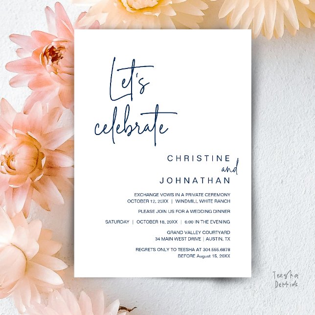 Invitation Célébrons, dîner de fête de mariage en fuite (Let's Celebrate, Classy Minimal Wedding Elopement Party Dinner Invitation Card in Navy Blue)