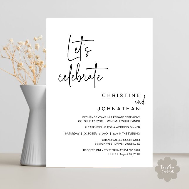 Invitation Célébrons, dîner de fête de mariage en fuite (Let's Celebrate, Classy Minimal Wedding Elopement Party Dinner Invitation Card in Black and White)