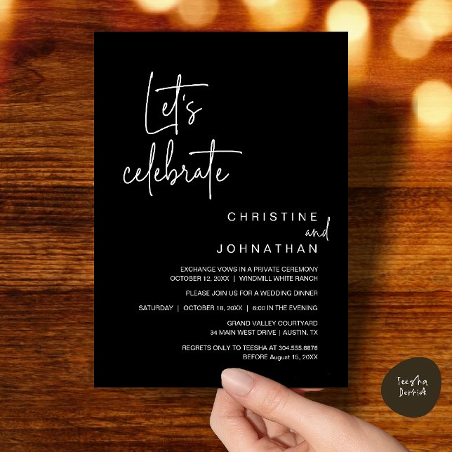 Invitation Célébrons, Dîner de fête de mariage en fuite (Let's Celebrate, Classy Minimal Wedding Elopement Party Dinner Invitation Card in Classy Black)