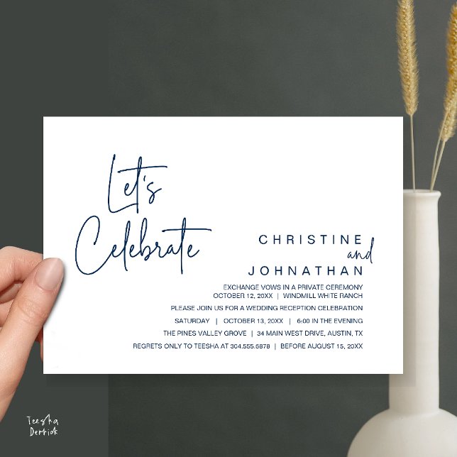 Invitation Célébrons, Dîner de Mariage en Intime Cercle (Let's Celebrate, modern minimal Wedding Elopement Dinner Party Invitation card in navy blue)