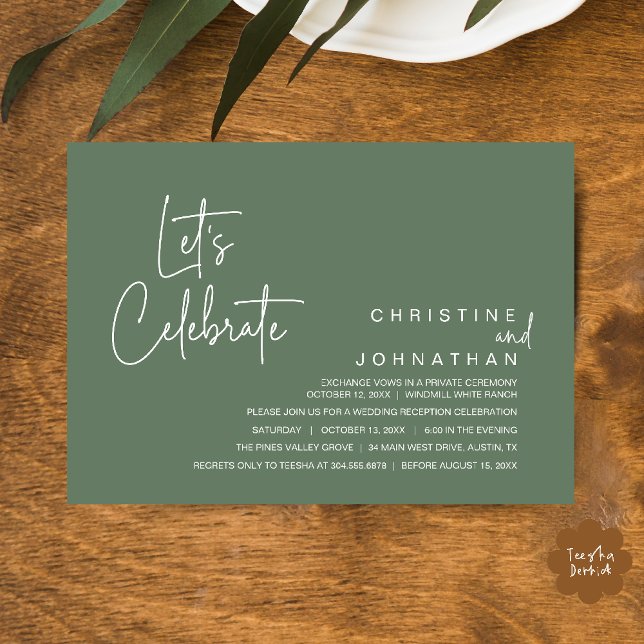 Invitation Célébrons, dîner de mariage intime (Let's Celebrate, modern minimal Wedding Elopement Dinner Party Invitation card in sage green)