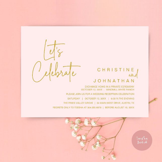 Invitation Célébrons, dîner de mariage intime (Let's Celebrate, modern minimal Wedding Elopement Dinner Party Invitation card in yellow gold blush)