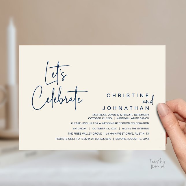 Invitation Célébrons, Dîner Intime de Mariage Fugace (Let's Celebrate, modern minimal Wedding Elopement Dinner Party Invitation card in navy blue ivory)