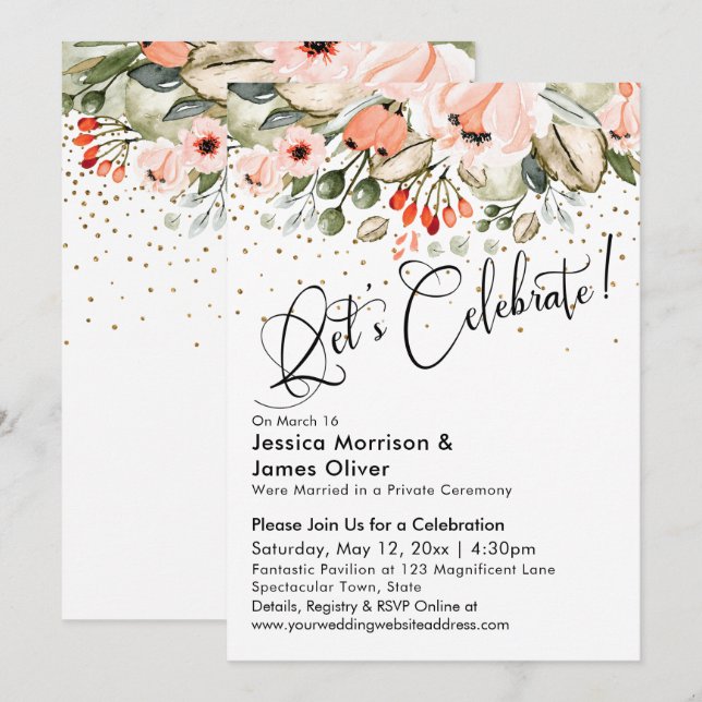 Invitation Célébrons ! Faux Confettis Dorés à Motifs Floraux  (Devant / Derrière)