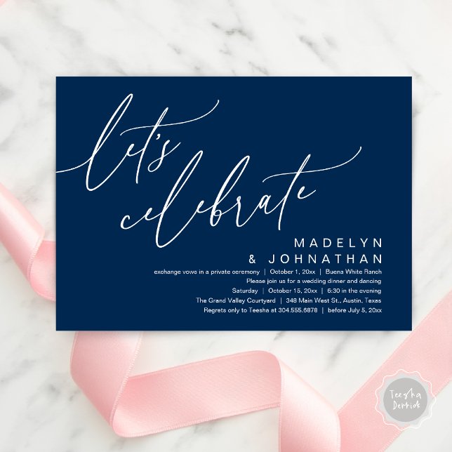 Invitation Célébrons, Fête de Mariage Romantique et Intime (Let's Celebrate, Romantic Charm Wedding Elopement Dinner Party Brunch Invites Card PDF Navy Blue)
