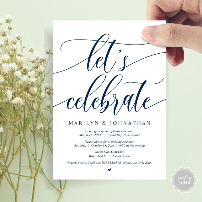 Invitation Célébrons la Fuite de Noces Fête de Mariage (Let's Celebrate Wedding Elopement Dinner Lunch Brunch Party Invitation Card, PDF, in Navy Blue)