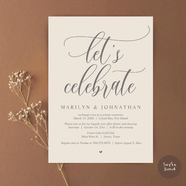 Invitation Célébrons le Mariage Elopement Dîner Dancing (Let's Celebrate Wedding Elopement Dinner Party Lunch BrunchDancing Invitation Card PDF, Cream Grey)
