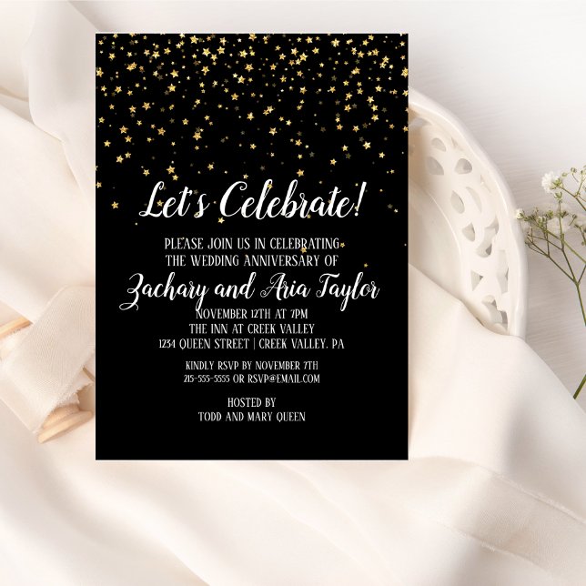 Invitation Célébrons les confettis dorés sur fond noir pour l (Créateur téléchargé)