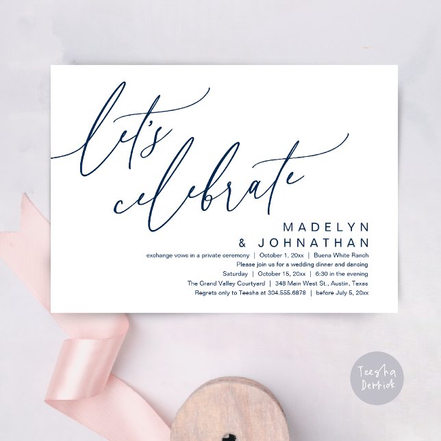 Invitation Célébrons, Mariage Romantique et Fête Intime (Let's Celebrate, Romantic Charm Wedding Elopement Dinner Party Brunch Invites Card PDF Navy Blue)