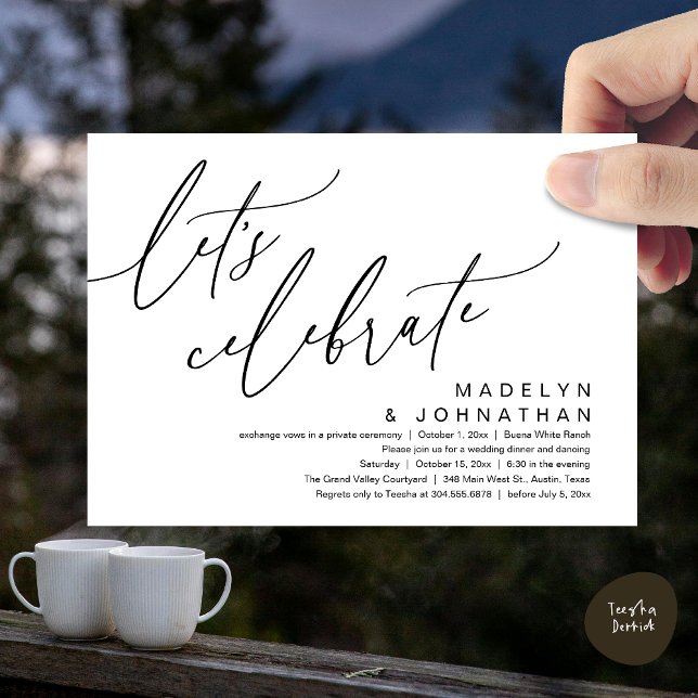 Invitation Célébrons, Mariage Romantique et Fête Intime (Let's Celebrate, Romantic Charm Wedding Elopement Dinner Party Brunch Invites Card PDF White Black)