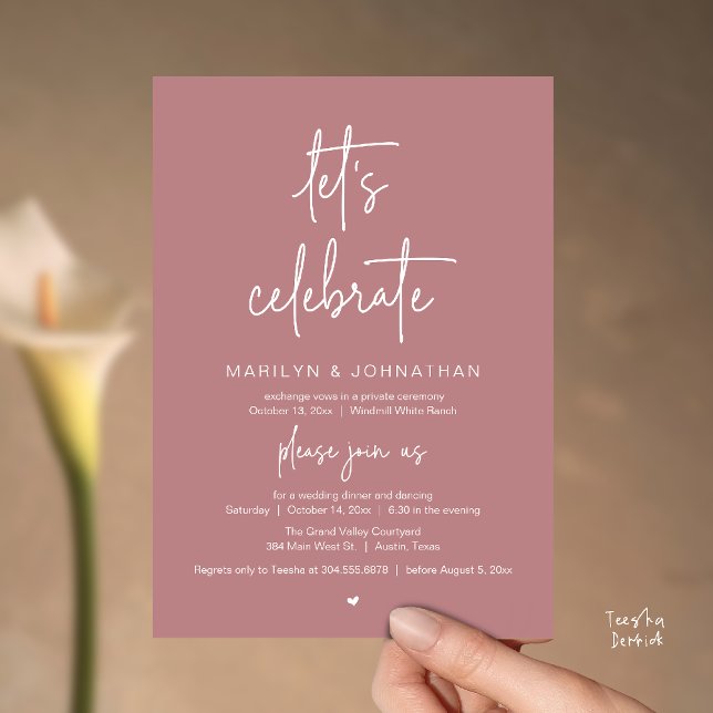 Invitation Célébrons, Réception de Mariage Moderne Minimalist (Let's Celebrate, Modern Minimal Wedding Reception dinner dancing Invitation card dusty rose pink)