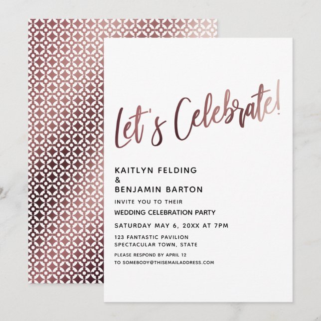 Invitation Célébrons une réception de mariage en or rose (Devant / Derrière)