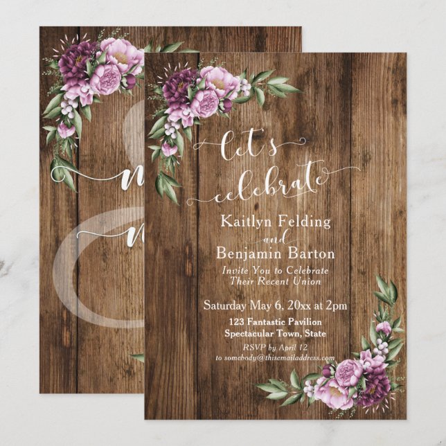 Invitation Célébrons une Réception Rustique en Bois et Fleurs (Devant / Derrière)