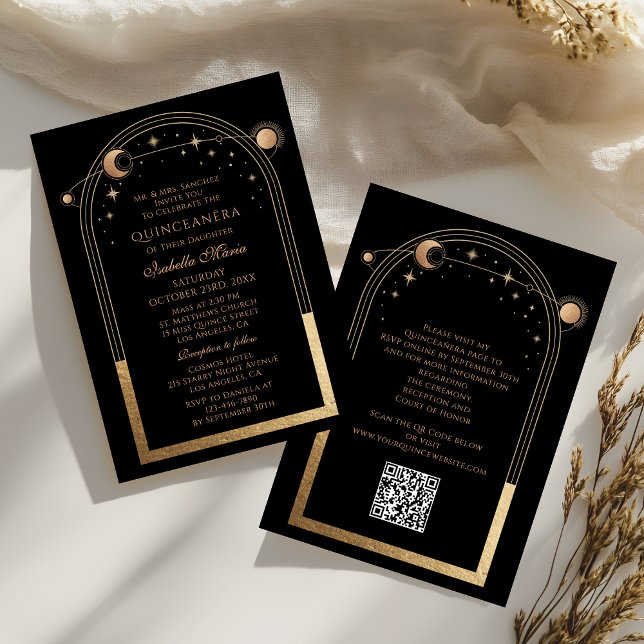 Invitation Céleste Black Gold QR Code Quinceañera (Créateur téléchargé)