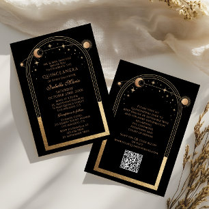 Invitation Céleste Black Gold QR Code Quinceañera
