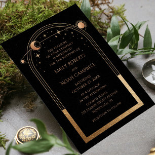 Invitation Céleste Black Gold Sun Moon Stars Mariage photo