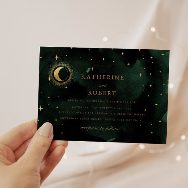 Invitation Céleste Emerald Gold Crescent Moon Mariage (Créateur téléchargé)