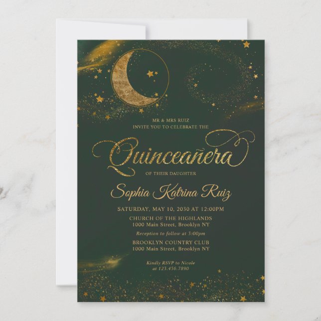 Invitation Céleste émeraude vert or étoile Lune Quinceanera (Devant)