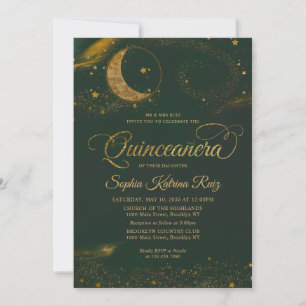 Invitation Céleste émeraude vert or étoile Lune Quinceanera