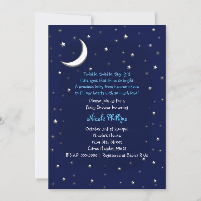 Invitation Céleste Fête de Bébé Blue Moon & Stars (Devant)