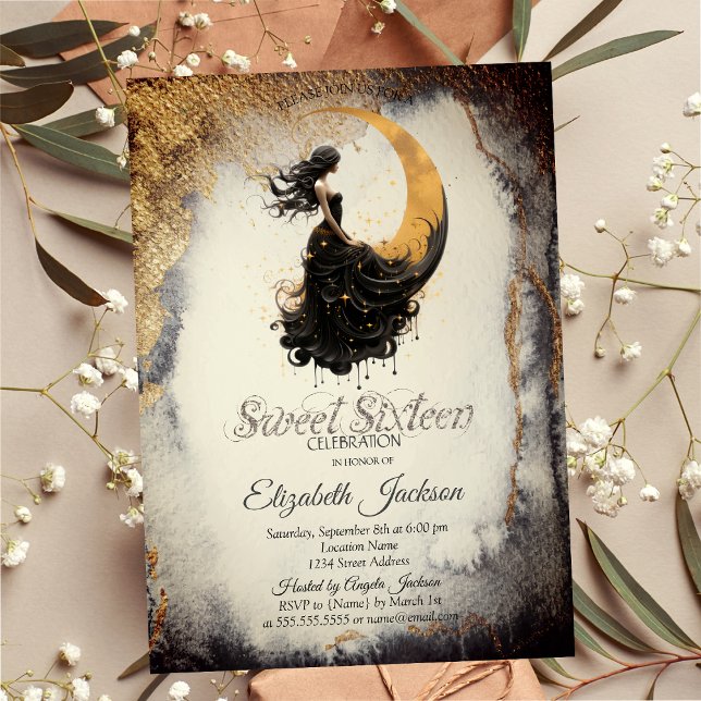 Invitation Céleste Fille de la Lune Aquarelle Or Douze Ans (Créateur téléchargé)