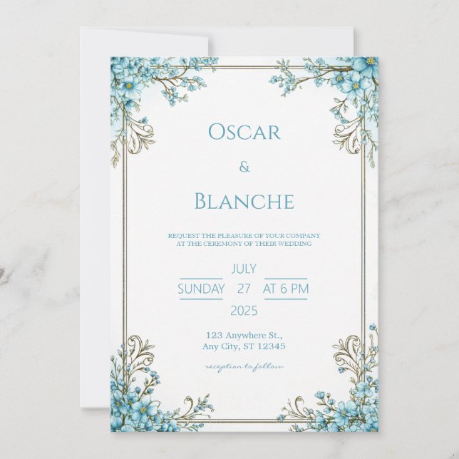 Invitation Céleste Fleur Élégant Cadre Doré Mariage (Devant)