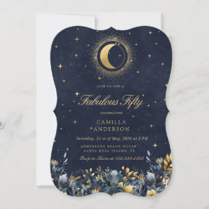 Invitation Céleste Floral Blue Stars Lune Anniversaire