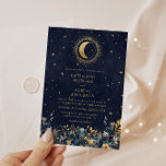 Invitation Céleste Floral Blue Stars Moon Mariage<br><div class="desc">Notre collection "Or céleste" présente une belle lune de croissant avec des étoiles d'or dans divers designs sur un arrière - plan bleu nuit velours jumelé à des polices élégantes. Facile pour vous de customiser et vous pouvez choisir parmi de nombreux articles de cette collection dans notre magasin.</div>