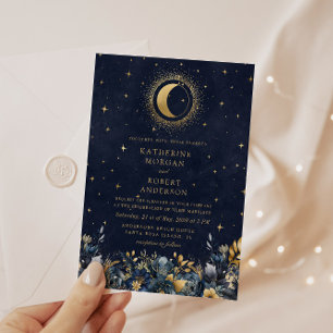 Invitation Céleste Floral Blue Stars Moon Mariage