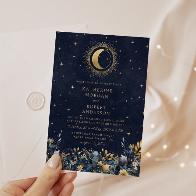 Invitation Céleste Floral Blue Stars Moon Mariage (Créateur téléchargé)