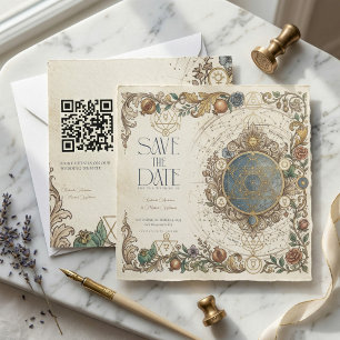 Invitation Céleste Floral Vintage Mariage QR Enregistrer la D