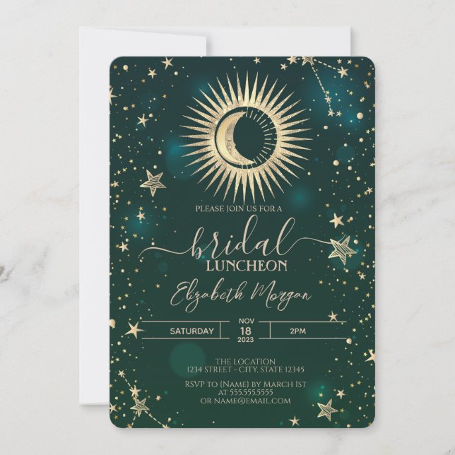 Invitation Céleste Gold Sun Moon Stars Luncheon Green (Devant)