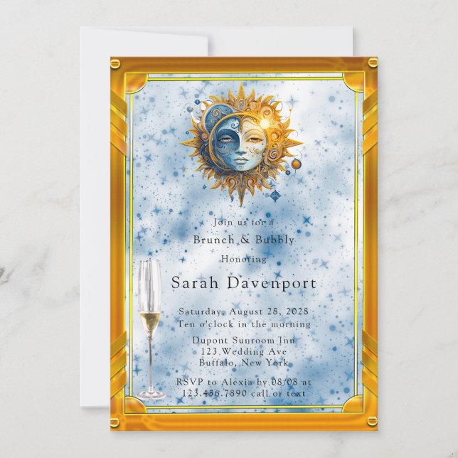 Invitation Céleste Jaune Bleu Soleil Lune Brunch & Bubbly (Devant)