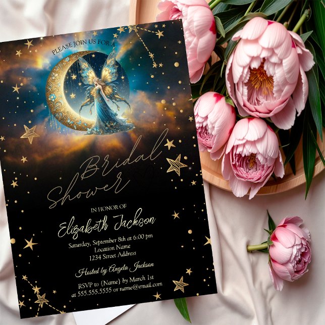 Invitation Céleste Lune Bleue Fées Étoiles Baby Shower de Mar (Créateur téléchargé)