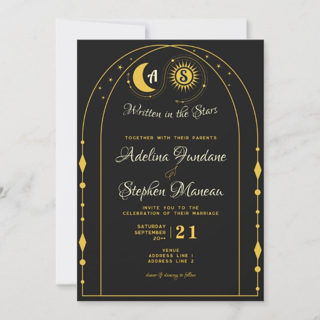 Invitation Céleste Lune d'or noir Sun Crest RSVP QR Code (Devant)