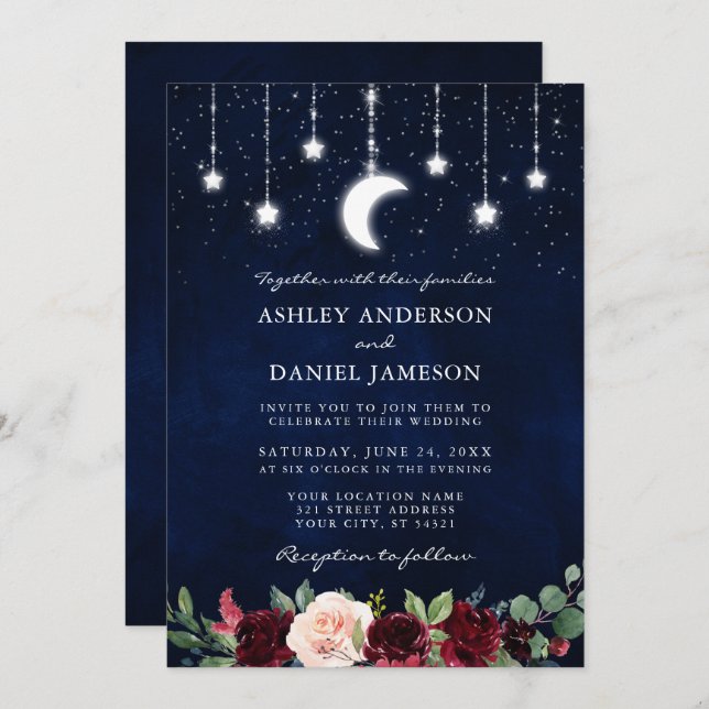Invitation Céleste Lune Étoiles Lumières Mariage Floral Photo (Devant / Derrière)